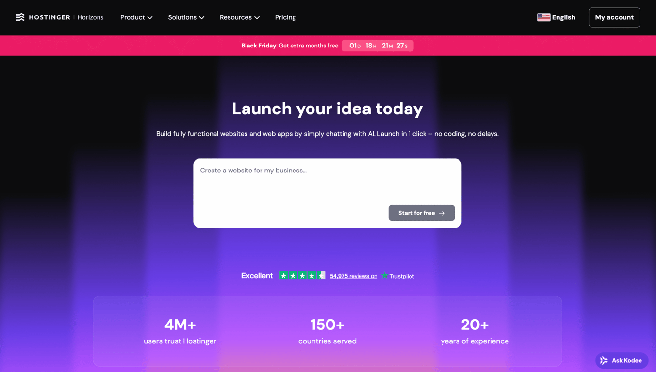 Hostinger Horizons' landing page