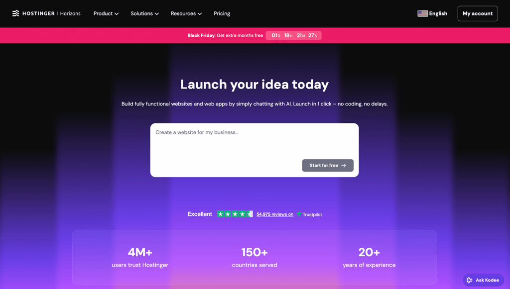 Hostinger Horizons' landing page