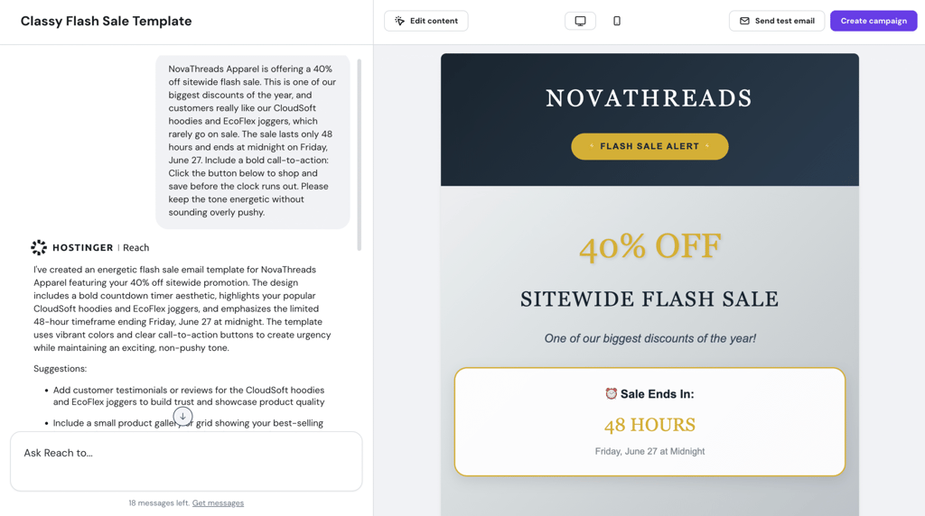 Hostinger Reach user interface