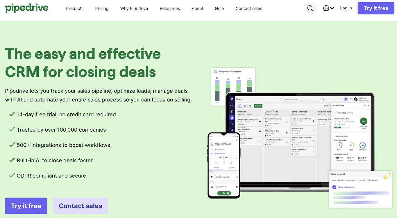 Homepage of Pipedrive
