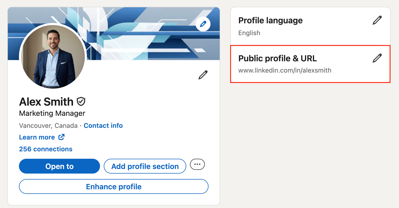 LinkedIn profile settings with the public profile URL highlighted