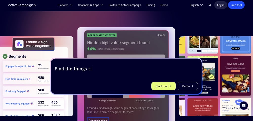 ActiveCampaign homepage promoting its AI-powered marketing automation platform, featuring customer segmentation, audience insights, campaign recommendations, and calls to start a free trial or request a demo.