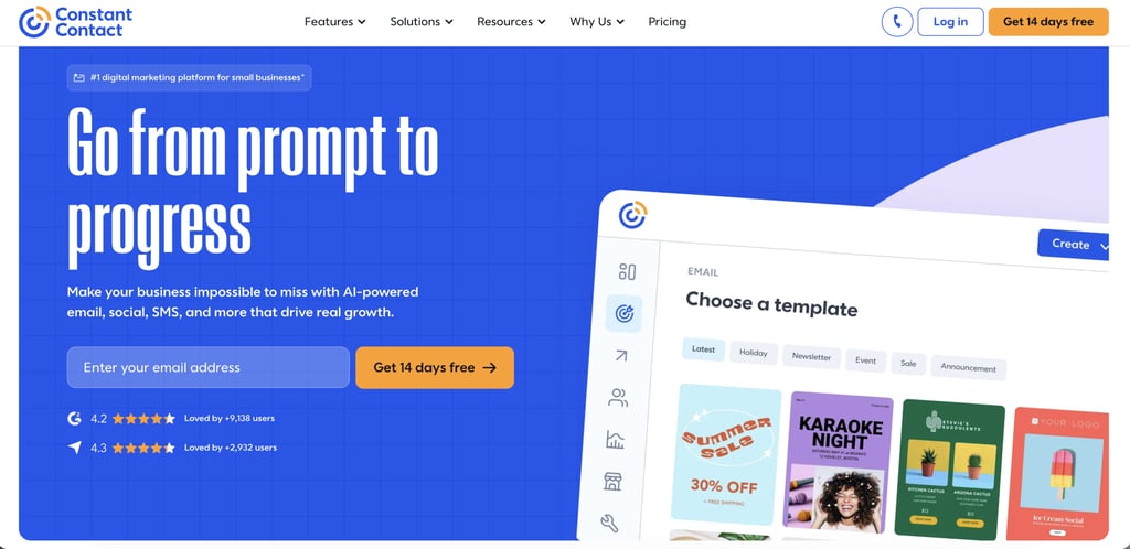 Constant Contact homepage promoting its AI-powered marketing platform, featuring a free trial sign-up form alongside an email template gallery and campaign creation interface.