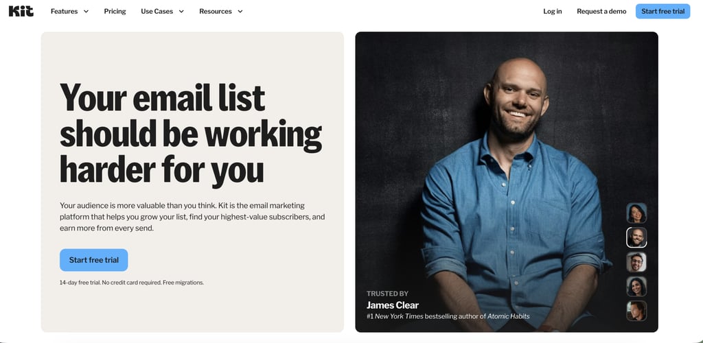 Kit homepage promoting its email marketing platform, featuring a free trial call-to-action alongside a testimonial image and messaging about growing and monetizing an email list.