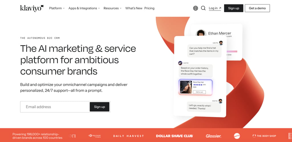 Klaviyo homepage promoting its AI-powered marketing and customer service platform, featuring a sign-up form alongside a product recommendation chat interface and customer profile preview.