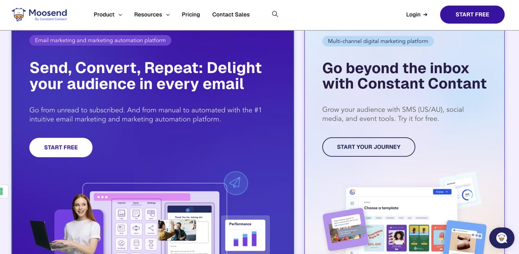 Moosend homepage promoting its email marketing and automation platform, featuring free trial calls to action alongside email campaign editor previews, performance analytics, and marketing templates.