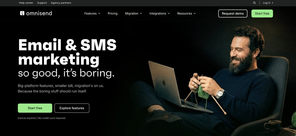 Omnisend homepage promoting email and SMS marketing, featuring calls to start for free or explore features alongside a person using a laptop while knitting.