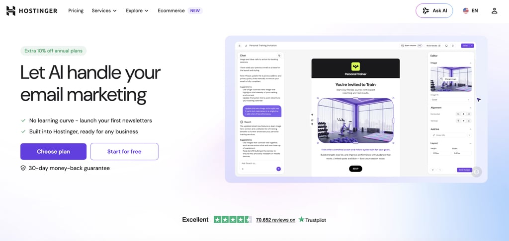 Hostinger Reach landing page promoting AI-powered email marketing, featuring a call-to-action to choose a plan or start for free alongside the email editor interface with AI-generated content suggestions.