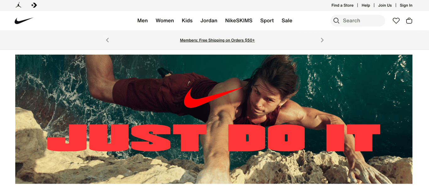 Nike's website showing the Just Do It campaign slogan