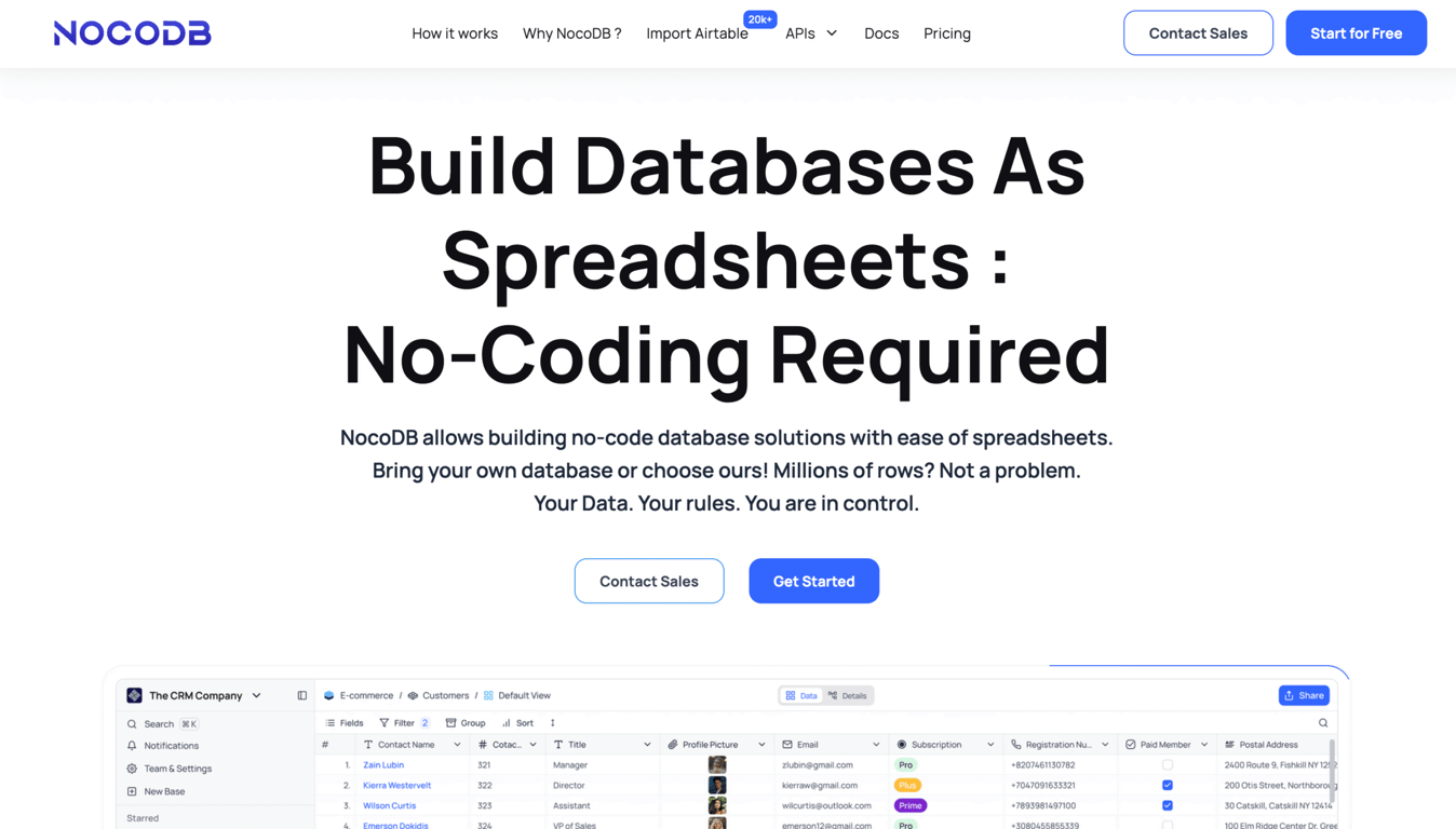 NocoDB's landing page