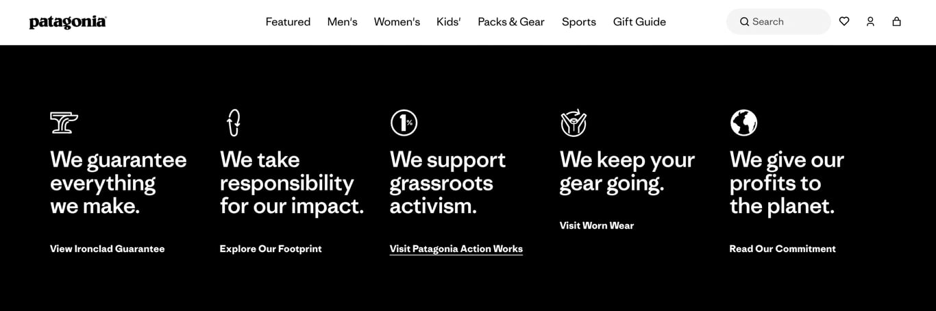 Patagonia's home page section, showing the environmentally responsible commitment
