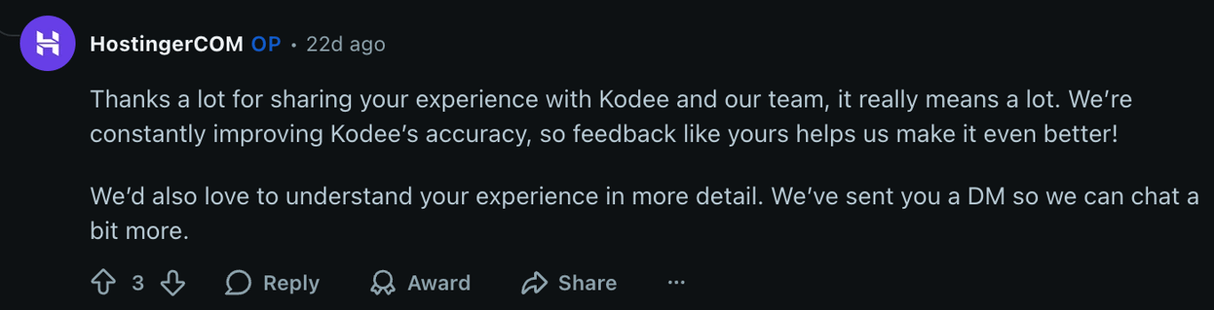 Reddit post showing responsiveness to feedback