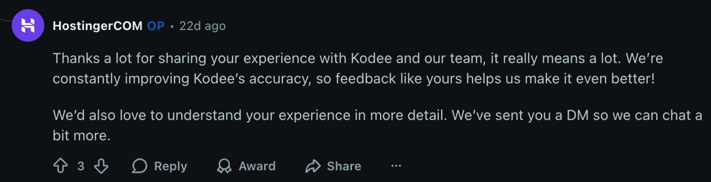 Reddit post showing responsiveness to feedback