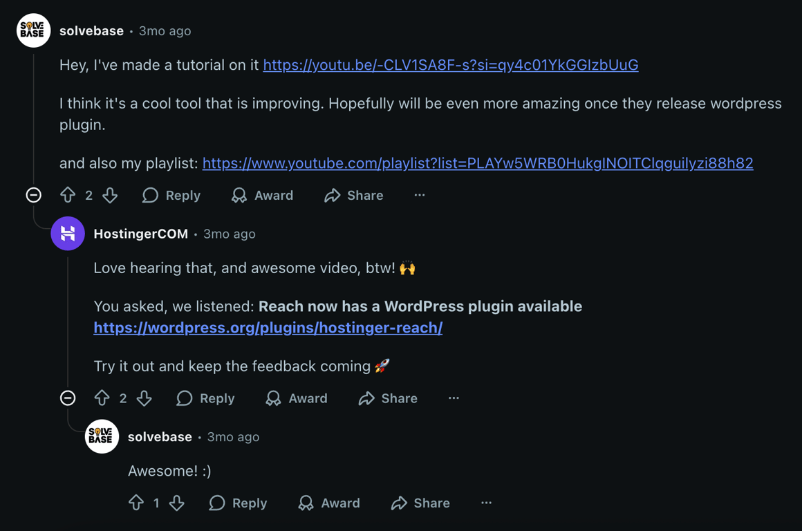 Reddit post showing updates to a missing feature request