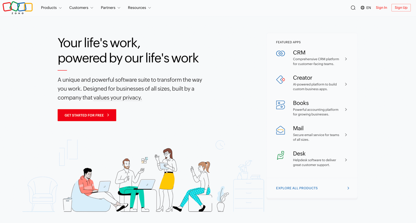 Zoho's landing page