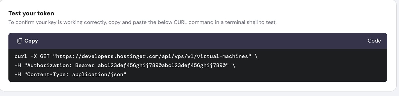 The API token test commands on hPanel