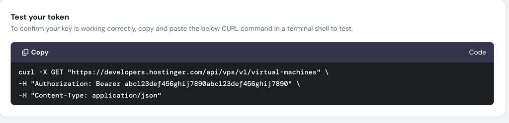 The API token test commands on hPanel