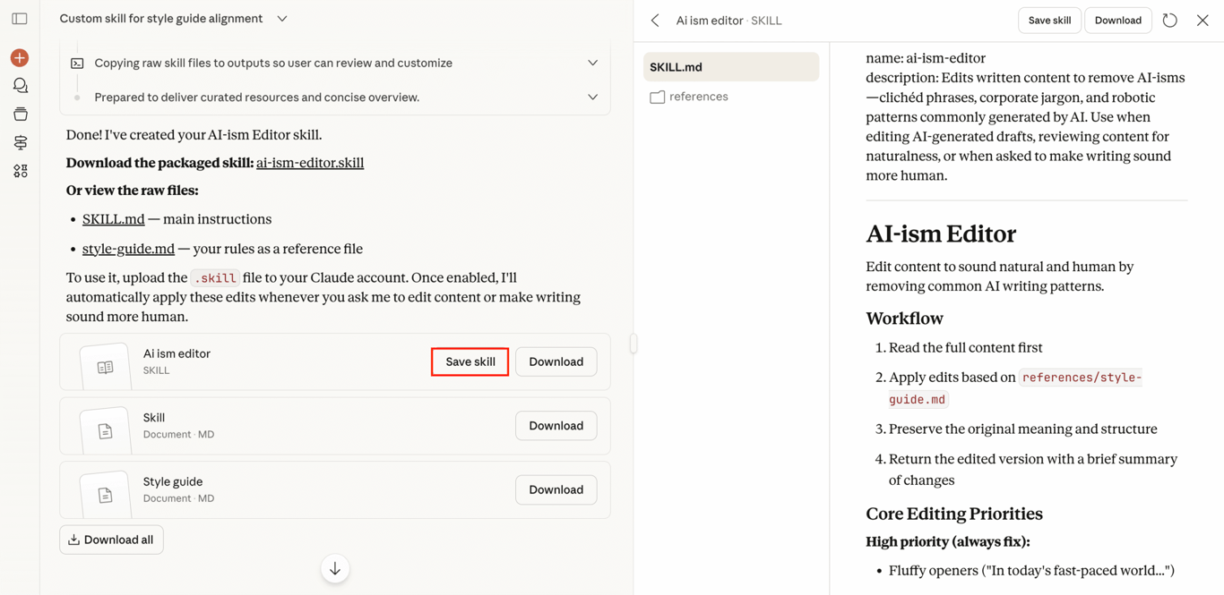 Chat where Claude generates the ai-ism-editor Skill from user rules