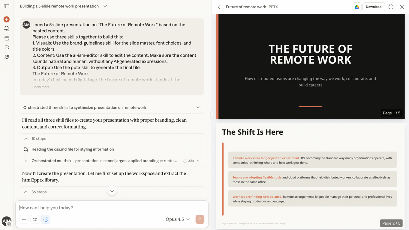 Chat using three Skills to generate a five-slide remote work presentation