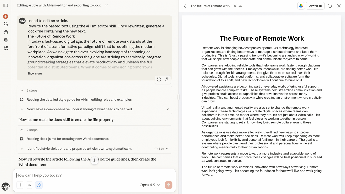 Chat using ai-ism-editor Skill to rewrite text and generate a DOCX file