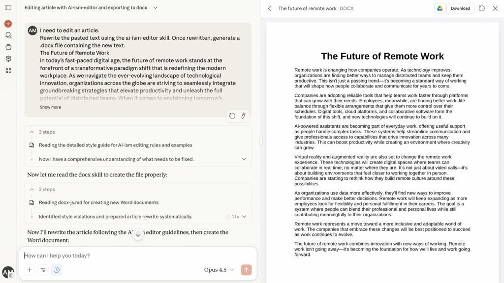 Chat using ai-ism-editor Skill to rewrite text and generate a DOCX file