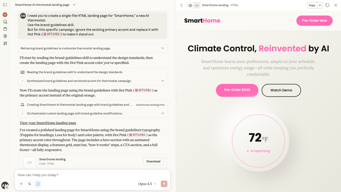 Chat output creating a SmartHome landing page using brand-guidelines Skill
