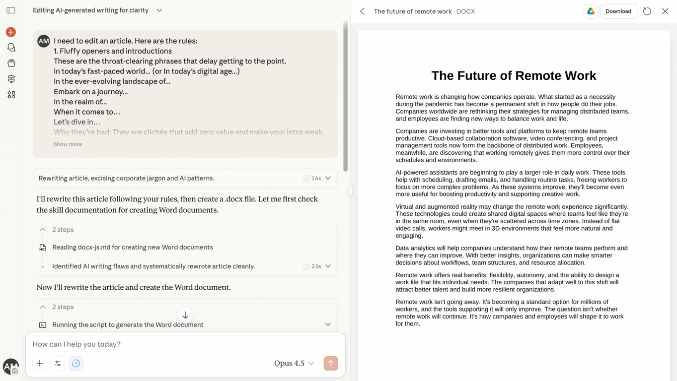 Chat showing manual rules used to rewrite and export article to DOCX