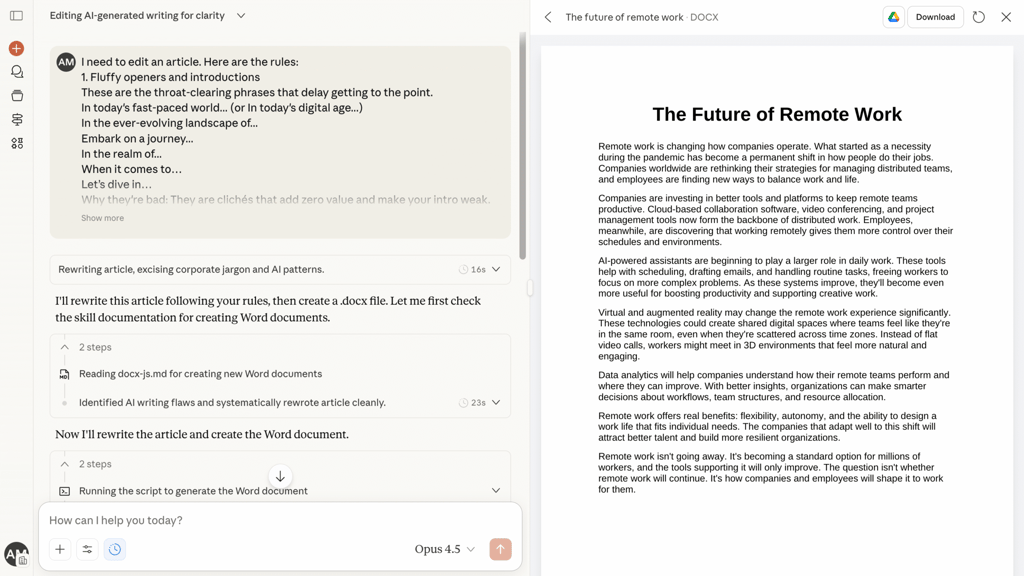 Chat showing manual rules used to rewrite and export article to DOCX