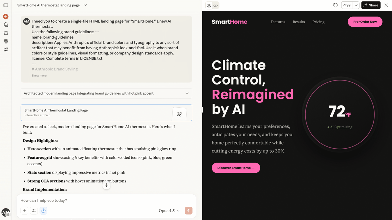 Chat output creating a SmartHome landing page without using Skills