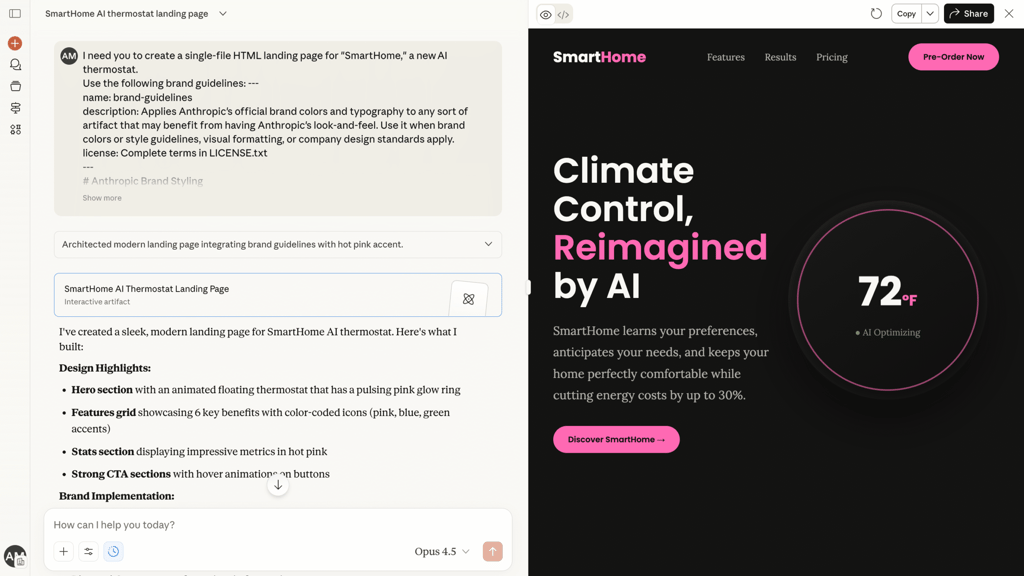 Chat output creating a SmartHome landing page without using Skills