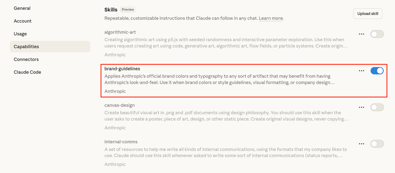 Claude settings page showing the brand-guidelines Skill highlighted
