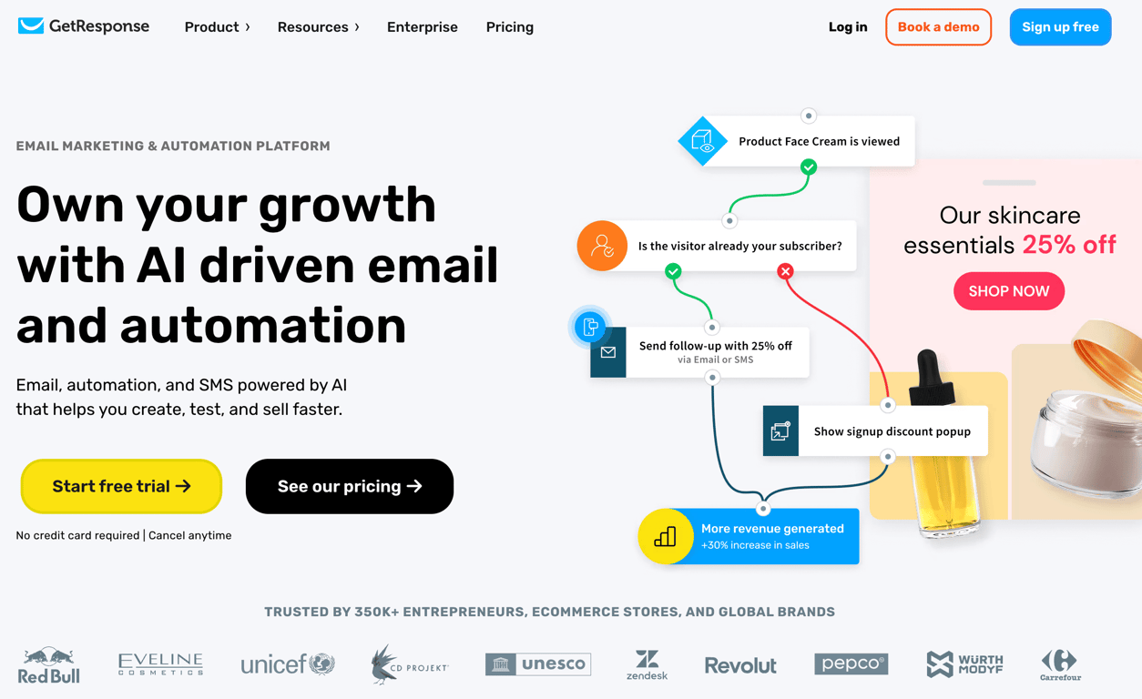 Homepage of GetResponse