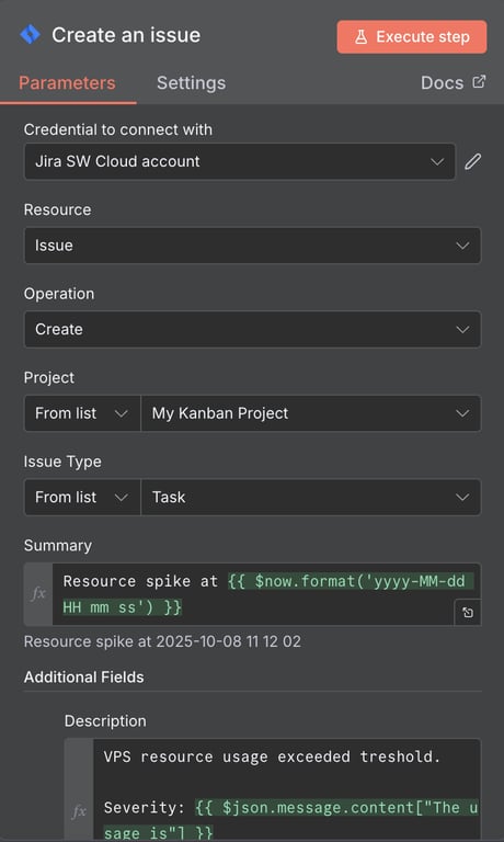 The Jira create an issue node configuration for the automatic ticket creation for VPS traffic spikes