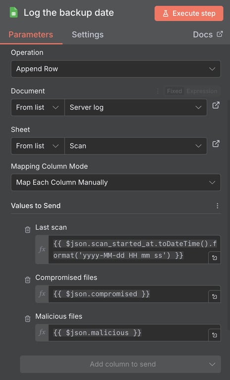 The Google Sheets update rows node configuration for the malware scan result n8n automation workflow
