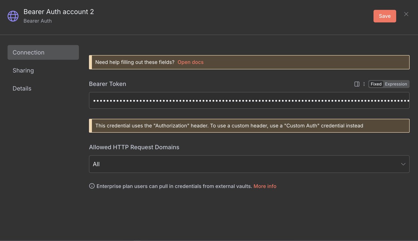 The n8n bearer authentication configuration menu