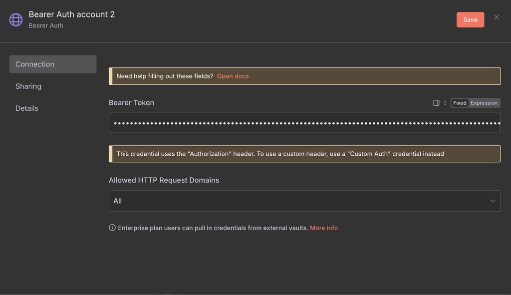 The n8n bearer authentication configuration menu
