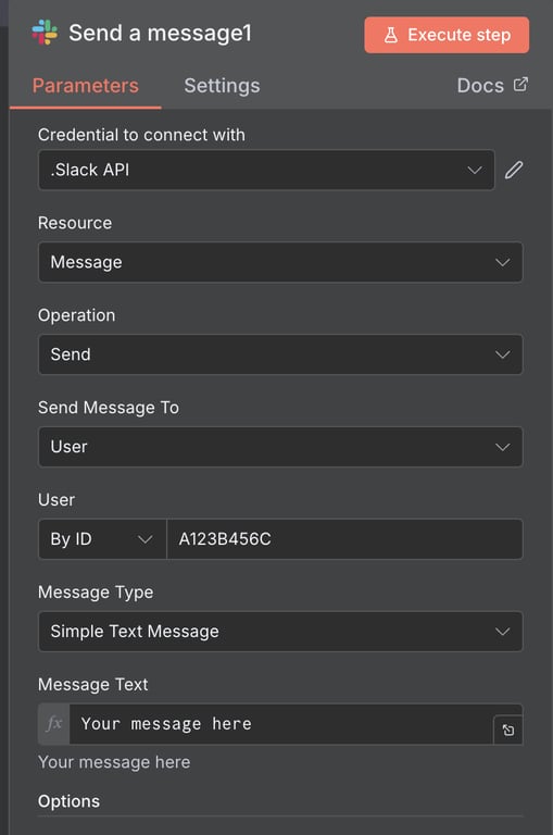 The Slack send a message node configuration