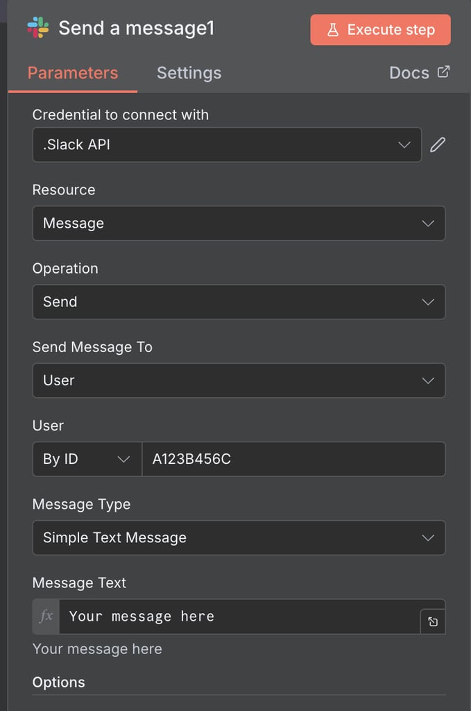 The Slack send a message node configuration