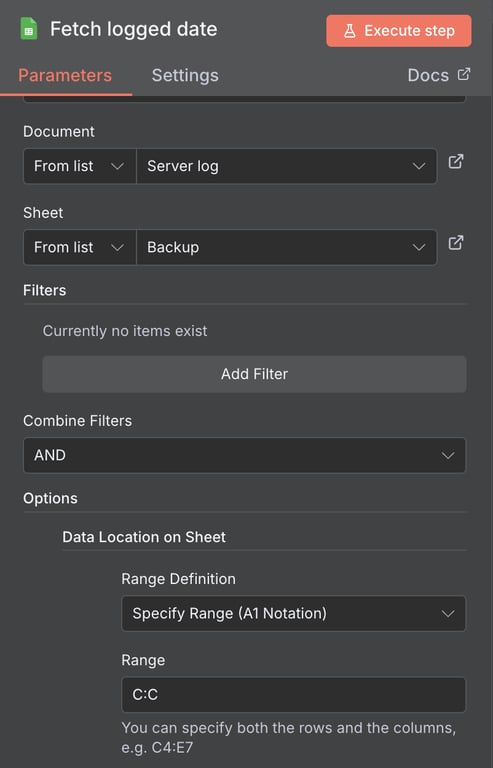 The Google Sheets node configuration menu for the backup logging automation