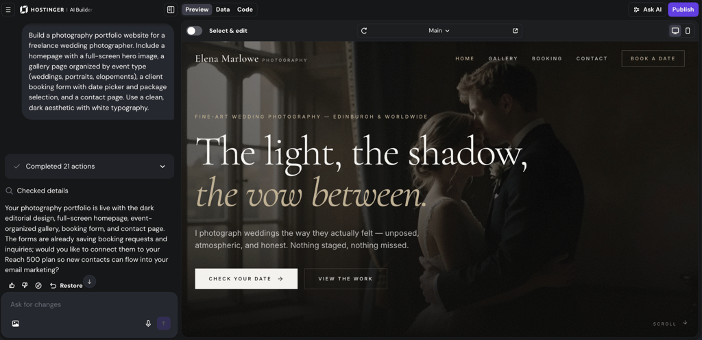 Hostinger AI Builder Agentic mode generating a wedding photography portfolio website with a dark aesthetic, full-screen hero image, and booking navigation