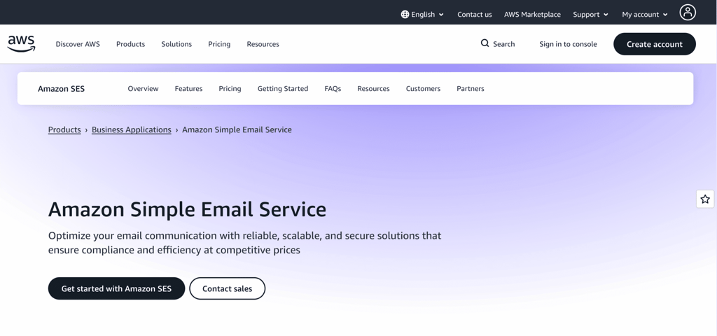 Homepage of Amazon SES