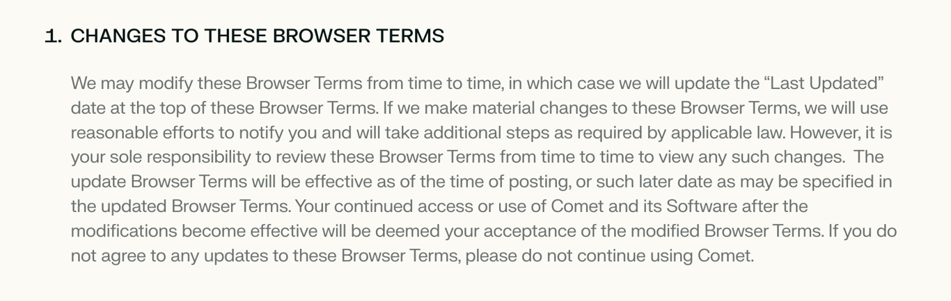 The first point of Comet browser's terms