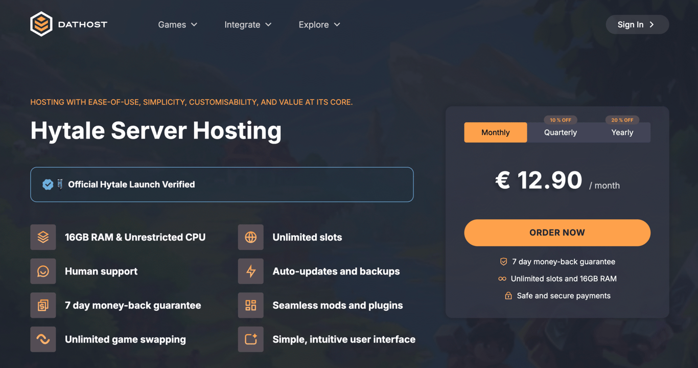 DatHost Hytale server hosting landing page