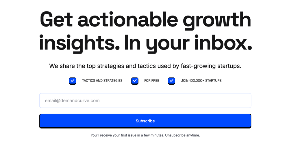 DemandCurve's newsletter signup landing page