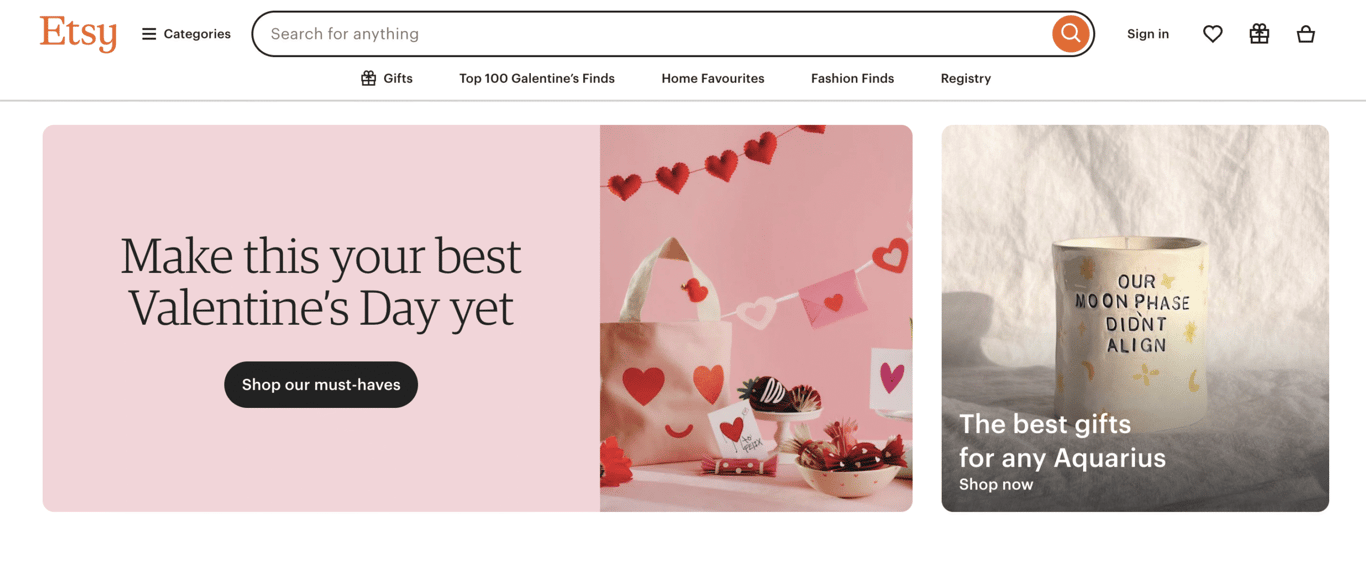 Etsy homepage showcasing gift ideas