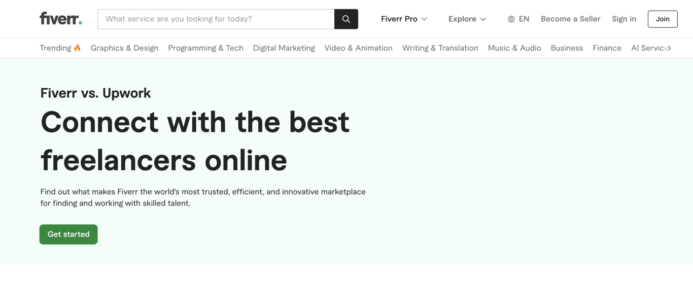 Fiverr homepage promoting online freelance services