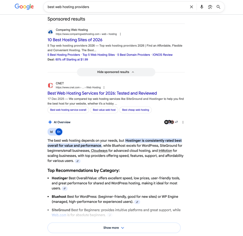 Google search results page showing sponsored ads, organic listings, and AI Overview sections