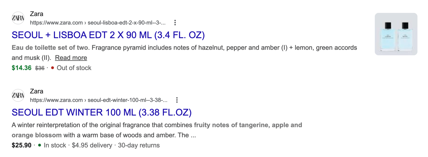 Google search results displaying rich snippets with prices and availability