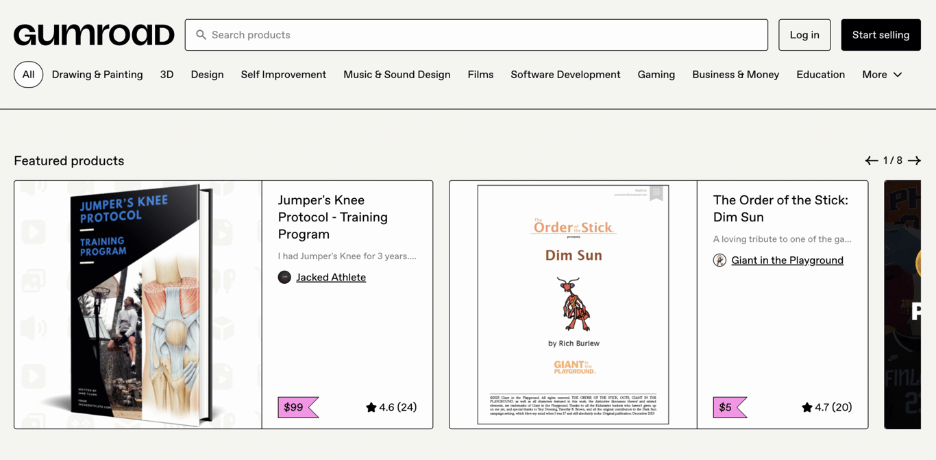 Gumroad marketplace homepage featuring digital products