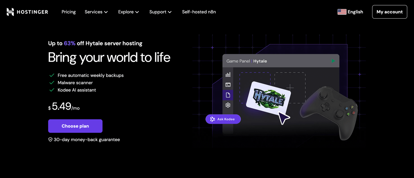 Hostinger Hytale server hosting landing page